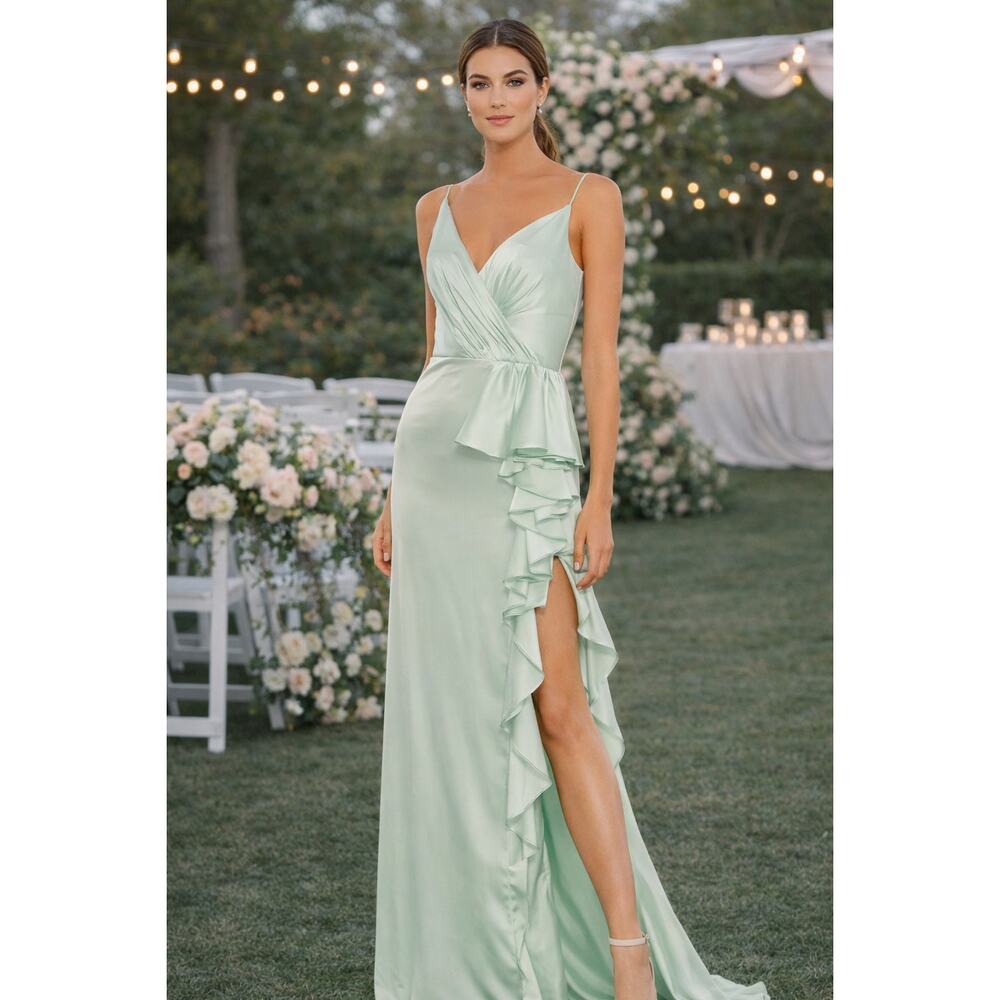 New with Tags Mac Duggal 67815 Ruffle Slit Dress 12 Mint Green Wedding Party - Picture 2 of 16